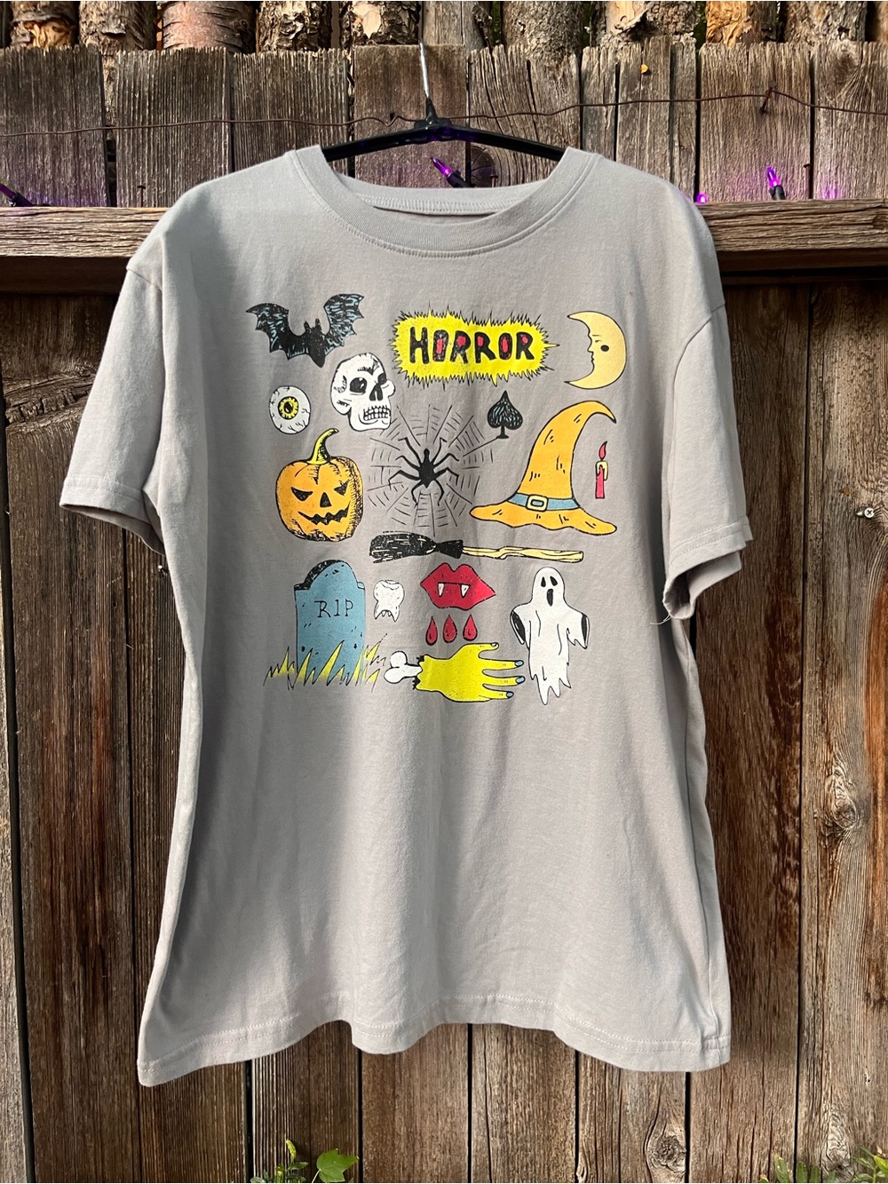 Graphic Halloween Icons Tee - Goth Gray with Yellow & Orange Spooky Accents